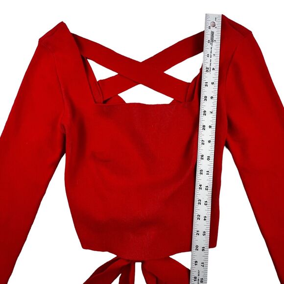 Le Lis Top Women's Medium Red Lace Knit Cropped Criss Cross Strap Back Sweater - Picture 13 of 14